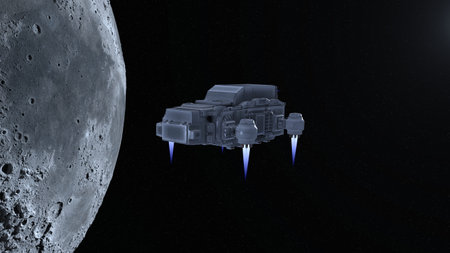 3D rendering of a spaceship and the moon