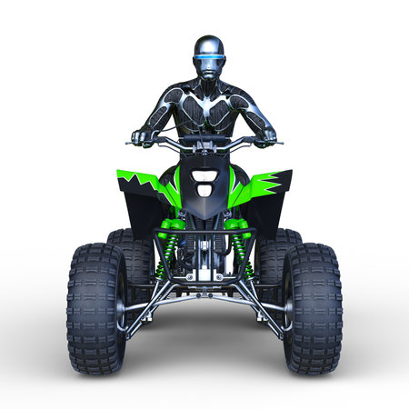 3D rendering of a cyber man riding an ATVの写真素材