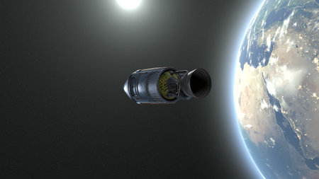 3D rendering of a spaceship and the Earth