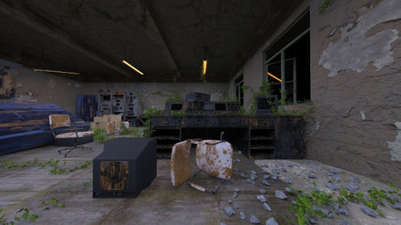 3D rendering of the abandoned building with rough interiorの写真素材
