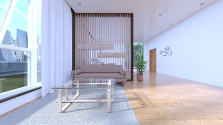 3D rendering of the living room with large windows