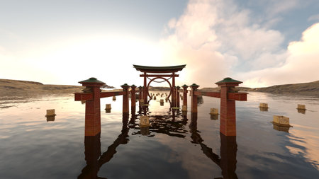 3D rendering of the torii gate floating on the seaの写真素材
