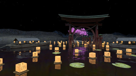 3D rendering of the torii gate floating on the seaの写真素材