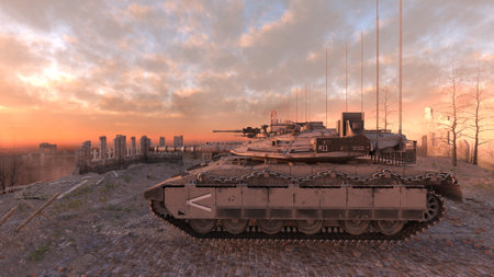 3D Illustration of a tank in a military environment at sunsetの写真素材