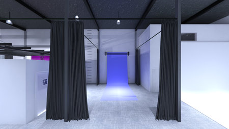 3D rendering of the living room and dining kitchen with large windowsの写真素材