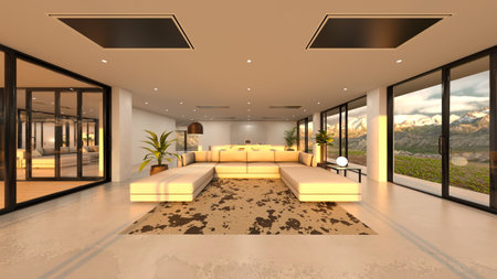 3D rendering of the living room and dining kitchen with large windows