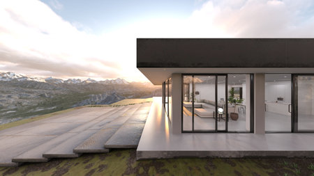 3D rendering of the living room and dining kitchen with large windowsの写真素材