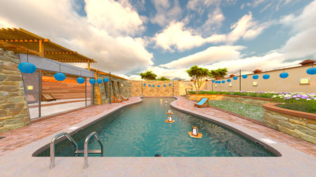 3DCG images of the outdoor swimming poolの写真素材
