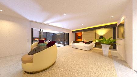 3DCG images of the living room with a fireplaceの写真素材