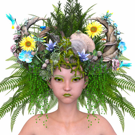 3DCG images of a close-up of woman in hair flower artの写真素材