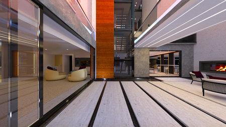 3DCG images of the living room with a fireplaceの写真素材