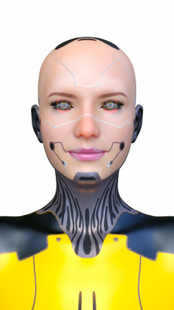3DCG images of a female cyborg's face close-upの写真素材