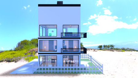 3DCG images of the three-story house with large windowsの写真素材