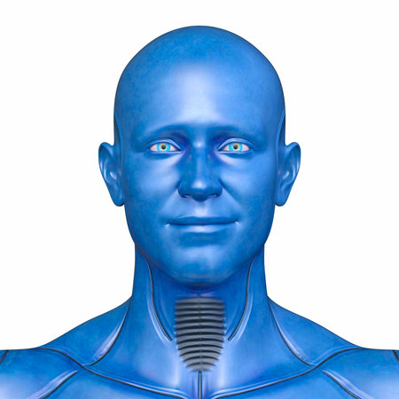 3D rendering of a male cyborg's face close-upの写真素材