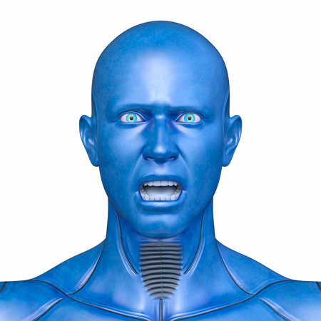 3D rendering of a male cyborg's face close-upの写真素材
