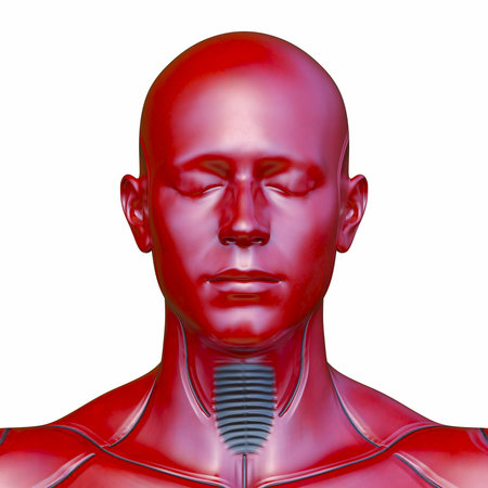 3D rendering of a male cyborg's face close-upの写真素材