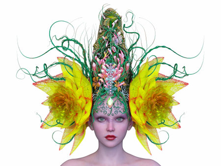 3DCG images of a close-up of woman in hair flower artの写真素材