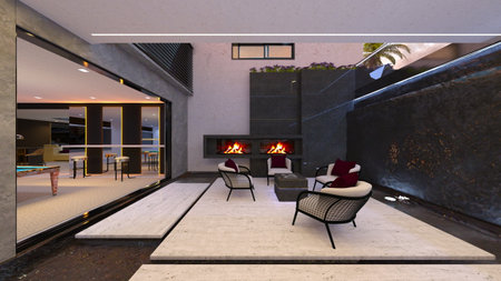 3DCG images of the living room with a fireplaceの写真素材