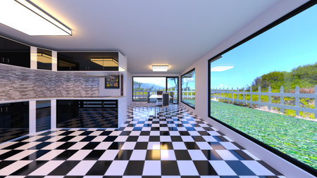 3DCG images of the living room with large windowsの写真素材