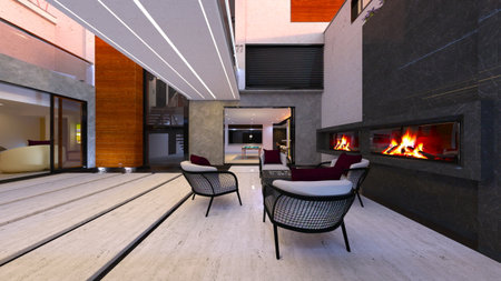 3DCG images of the living room with a fireplaceの写真素材