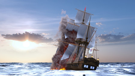 3DCG images of a ship on fire