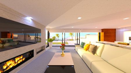 3DCG images of the living room and dining kitchen with large windows