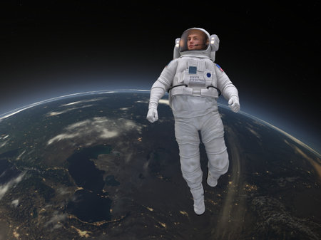 3DCG images of a male astronaut and the Earthの写真素材