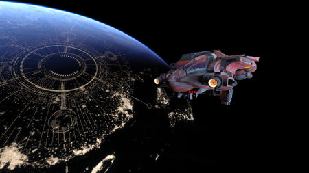 3DCG images of the spaceship and the Earthの写真素材