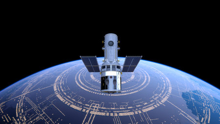 3D rendering of the artificial satellite and the Earthの写真素材
