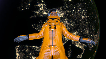 3DCG images of a male astronaut and the Earth