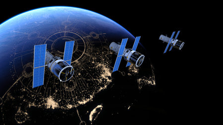 3DCG images of the artificial satellite and the Earthの写真素材