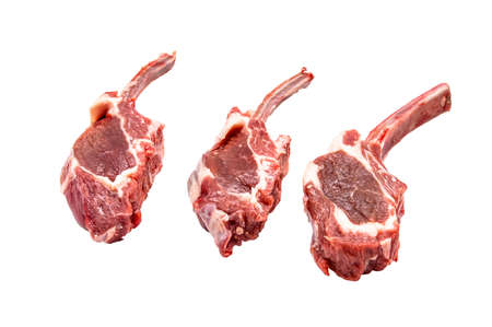 Raw lamb chops isolated on white backgroundの写真素材