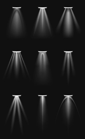 A spotlight beam on a dark background. A set of spotlight beam direction options. Templates for creative use.のイラスト素材