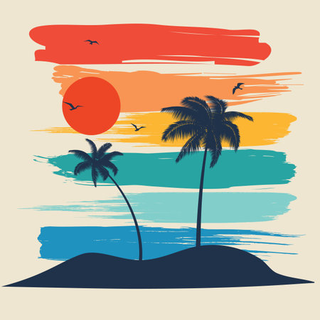 Palm trees on the shore of a warm sea. Two lonely palm trees against a bright sky. Templates for use in creative work.のイラスト素材