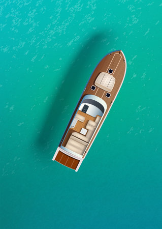 Motor boat on the water. Vector illustration of realistic motor boat on sea water with shadow....