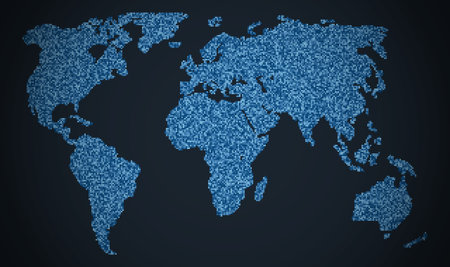 Mosaic map of the world. Vector illustration of the contour of the continents with a pixelated...