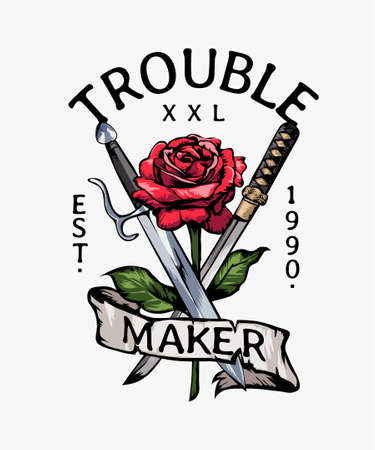 trouble maker slogan with red rose and swords illustrationのイラスト素材