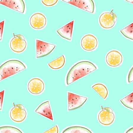 seamless tropical fruits illustration on bright green backgroundのイラスト素材