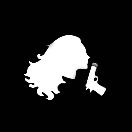A head shot silhouette of a woman with a gun isolated on a black backgroundの写真素材