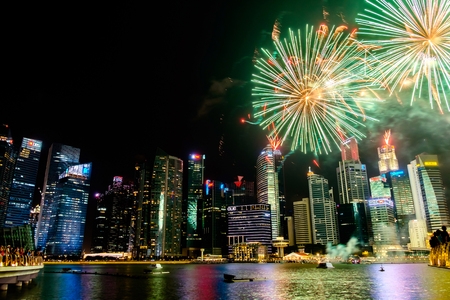 Singapore fireworks skyline cityscape at night   , Singapore -17July 2015のeditorial素材