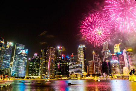 Singapore fireworks skyline cityscape at night   , Singapore -17July 2015のeditorial素材