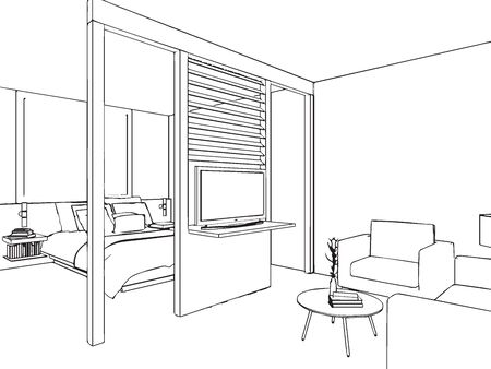 outline sketch drawing perspective of a interior spaceのイラスト素材