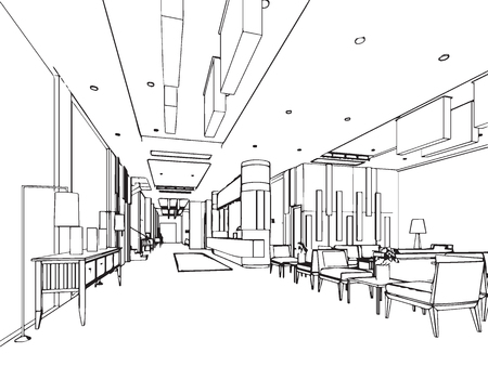 interior outline sketch drawing perspective of a space officeのイラスト素材