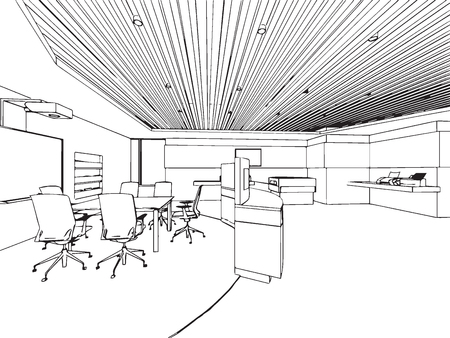 interior outline sketch drawing perspective of a space officeのイラスト素材