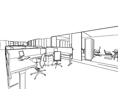 interior outline sketch drawing perspective of a space officeのイラスト素材