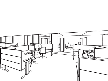 interior outline sketch drawing perspective of a space officeのイラスト素材