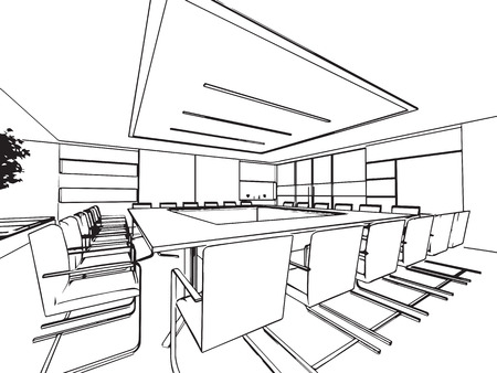 interior outline sketch drawing perspective of a space officeのイラスト素材