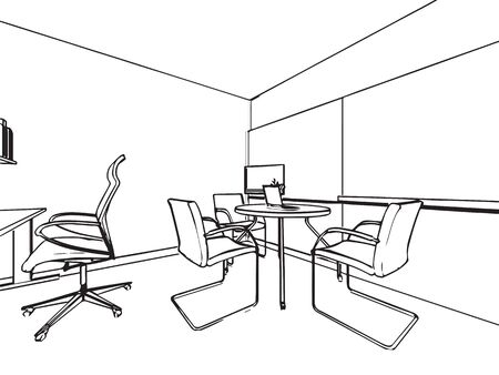 interior outline sketch drawing perspective of a space officeのイラスト素材
