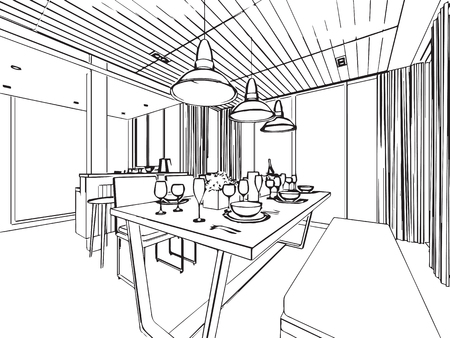 outline sketch drawing perspective of a interior spaceのイラスト素材