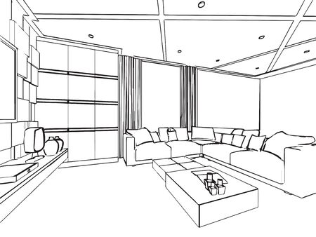 outline sketch drawing perspective of a interior spaceのイラスト素材